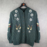 Hand Knitted Jumper Womens XL Extra Large Green Floral Cardigan